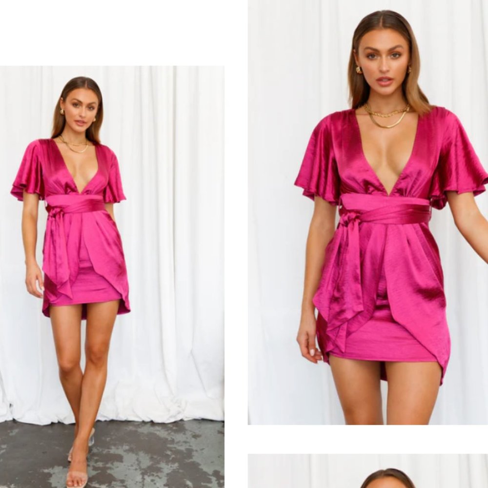 Hello Molly Fuschia Deep-V Satin Mini Dress
